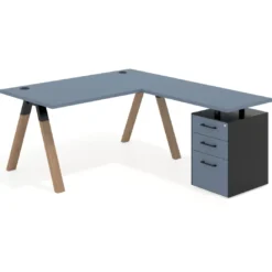 Mesa de escritorio en L con cajones UvePro, estructura negra/madera, ala pedestal melamina