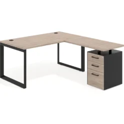 Mesa de escritorio en L con cajones Delta, estructura negra, ala pedestal melamina