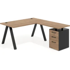 Mesa de escritorio en L con cajones UvePro, estructura negra, ala pedestal melamina
