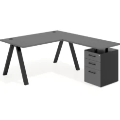 Mesa de escritorio en L con cajones UvePro, estructura negra, ala pedestal melamina