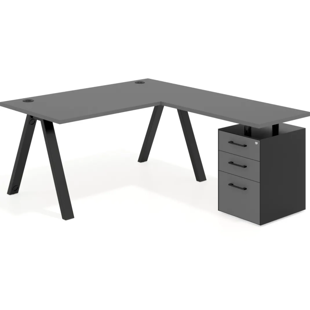 Mesa de escritorio en L con cajones UvePro, estructura negra, ala pedestal melamina