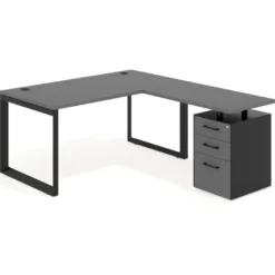 Mesa de escritorio en L con cajones Delta, estructura negra, ala pedestal melamina