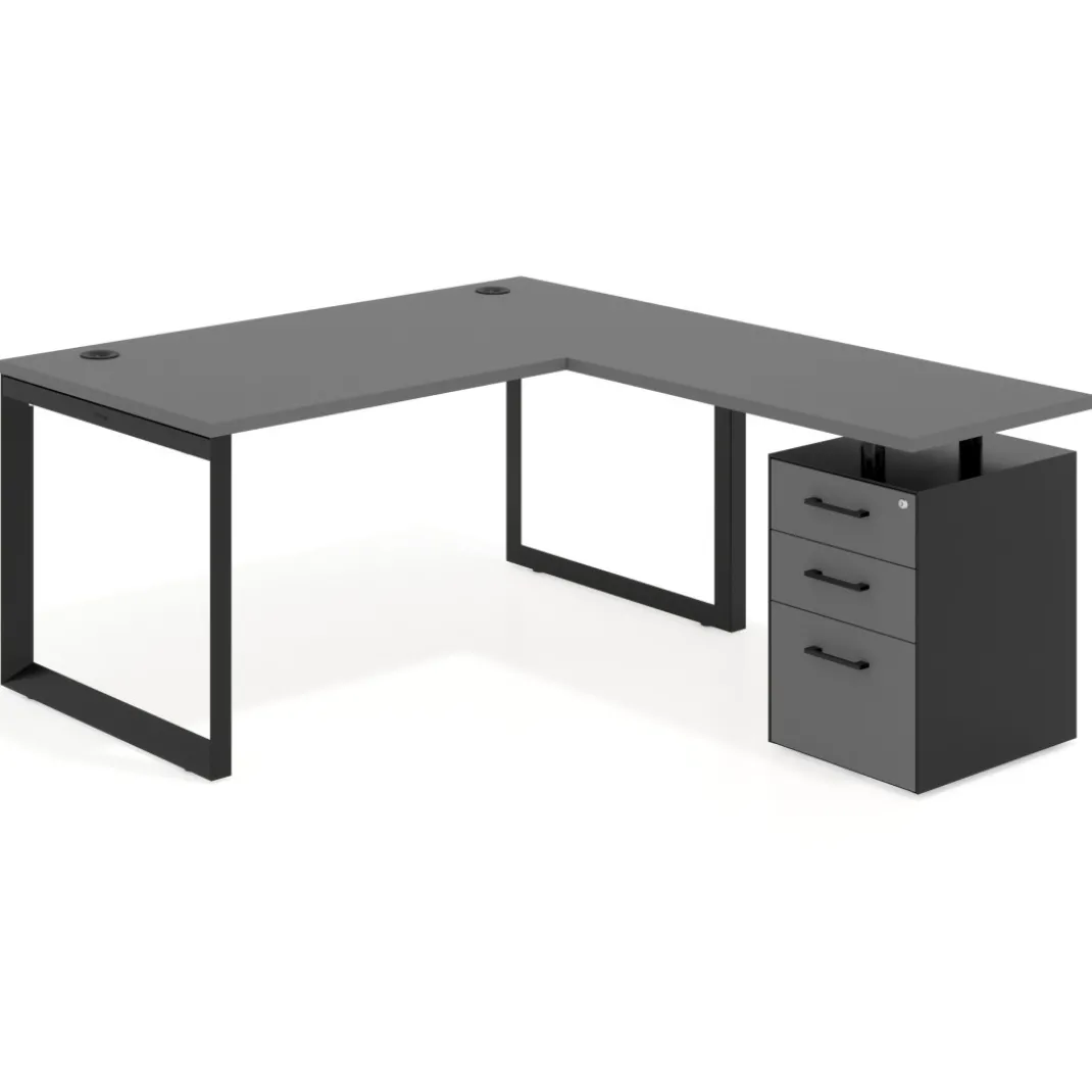 Mesa de escritorio en L con cajones Delta, estructura negra, ala pedestal melamina