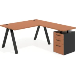 Mesa de escritorio en L con cajones UvePro, estructura negra, ala pedestal melamina