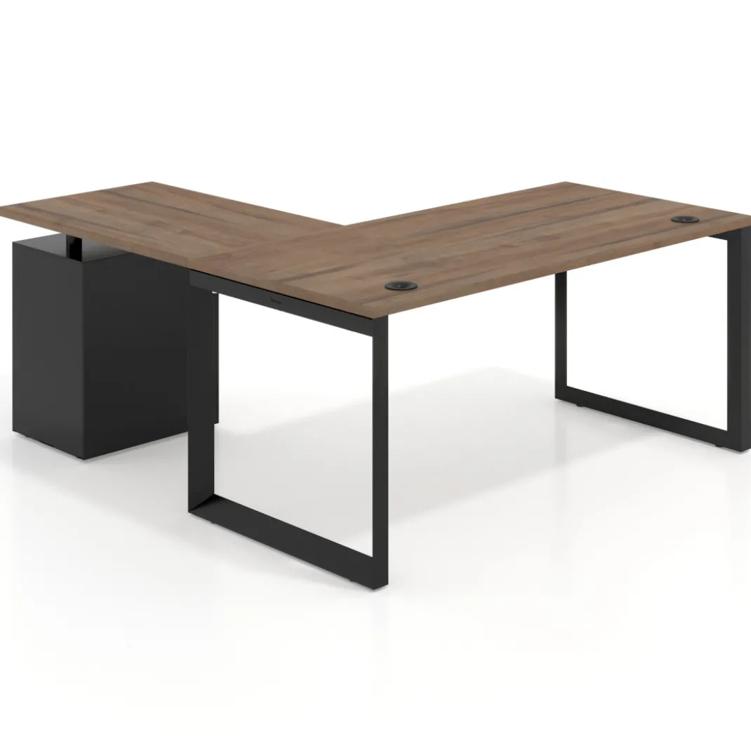 Mesa de escritorio en L con cajones Delta, estructura negra, ala pedestal melamina