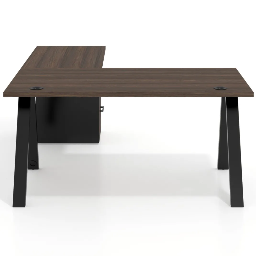 Mesa de escritorio en L con cajones UvePro, estructura negra, ala pedestal melamina