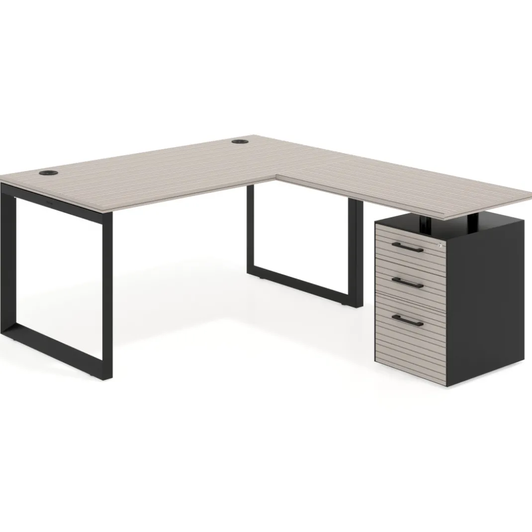 Mesa de escritorio en L con cajones Delta, estructura negra, ala pedestal melamina
