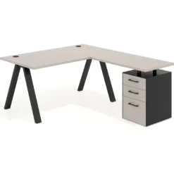 Mesa de escritorio en L con cajones UvePro, estructura negra, ala pedestal melamina
