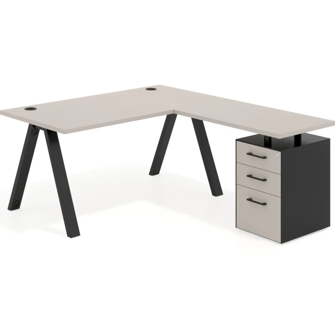 Mesa de escritorio en L con cajones UvePro, estructura negra, ala pedestal melamina