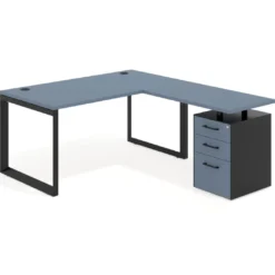 Mesa de escritorio en L con cajones Delta, estructura negra, ala pedestal melamina