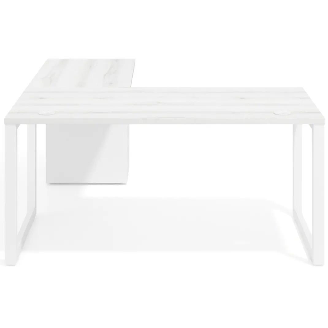 Mesa de escritorio en L con cajones Delta, estructura blanca, ala pedestal metal
