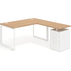 Mesa de escritorio en L con cajones Delta, estructura blanca, ala pedestal metal