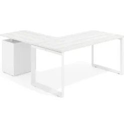 Mesa de escritorio en L con cajones Delta, estructura blanca, ala pedestal metal