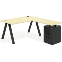 Mesa de escritorio en L con cajones UvePro, estructura negra, ala pedestal metal