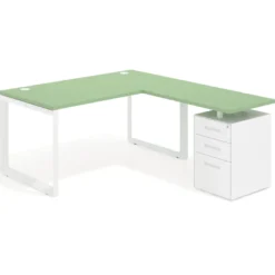 Mesa de escritorio en L con cajones Delta, estructura blanca, ala pedestal metal