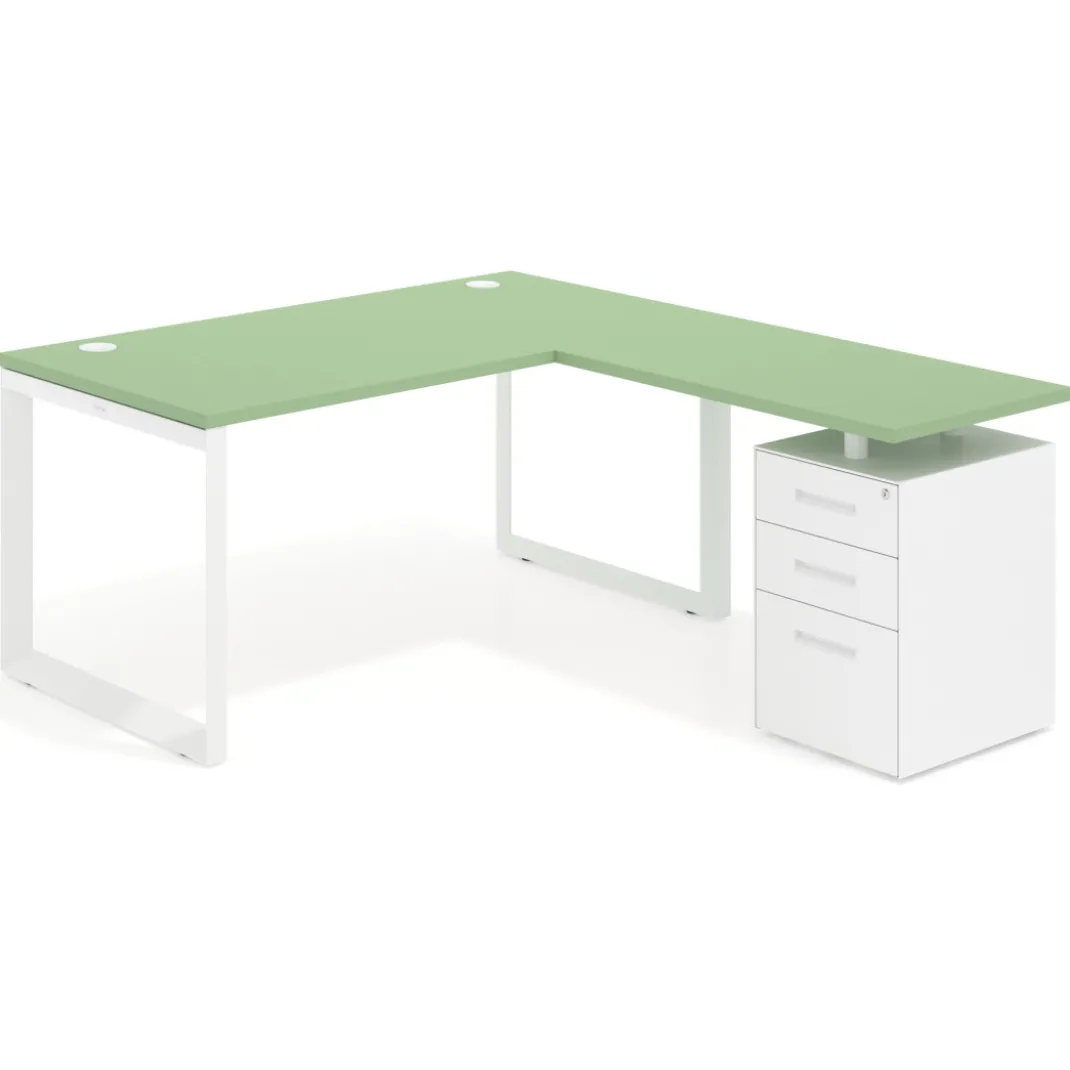 Mesa de escritorio en L con cajones Delta, estructura blanca, ala pedestal metal
