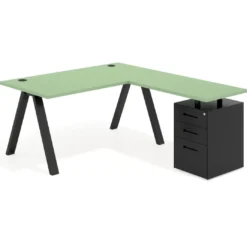 Mesa de escritorio en L con cajones UvePro, estructura negra, ala pedestal metal