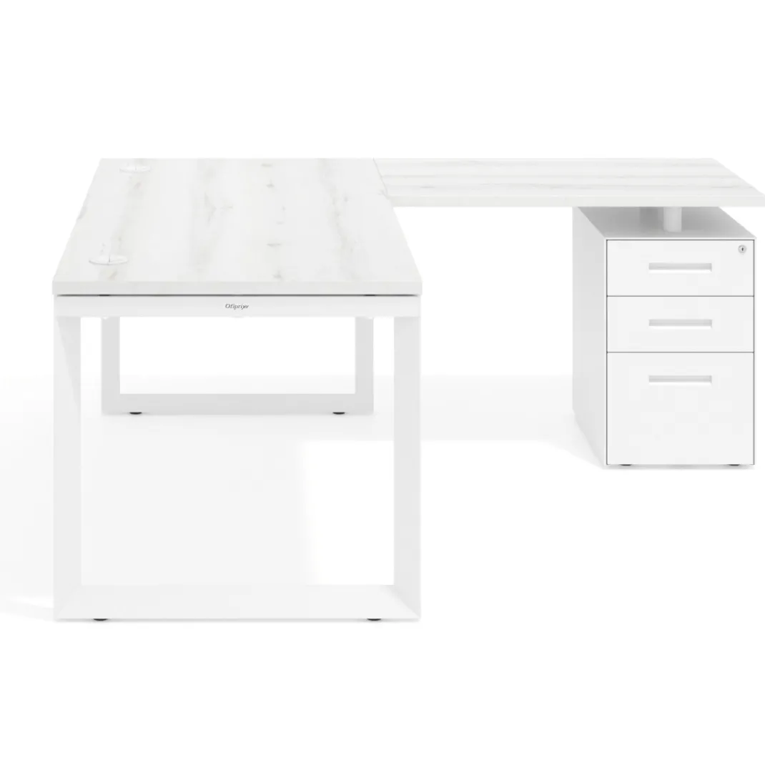 Mesa de escritorio en L con cajones Delta, estructura blanca, ala pedestal metal