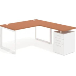 Mesa de escritorio en L con cajones Delta, estructura blanca, ala pedestal metal