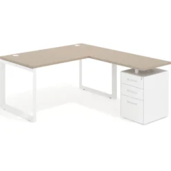 Mesa de escritorio en L con cajones Delta, estructura blanca, ala pedestal metal
