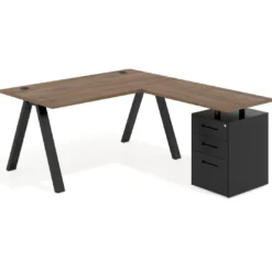 Mesa de escritorio en L con cajones UvePro, estructura negra, ala pedestal metal