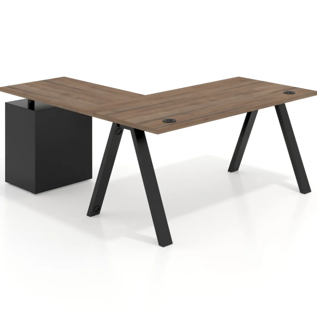 Mesa de escritorio en L con cajones UvePro, estructura negra, ala pedestal metal