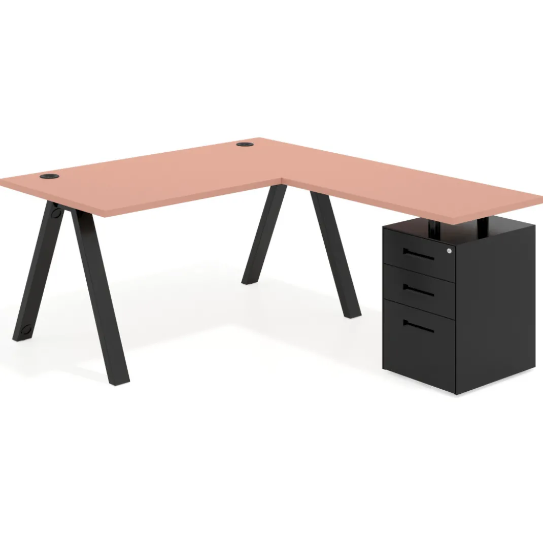 Mesa de escritorio en L con cajones UvePro, estructura negra, ala pedestal metal
