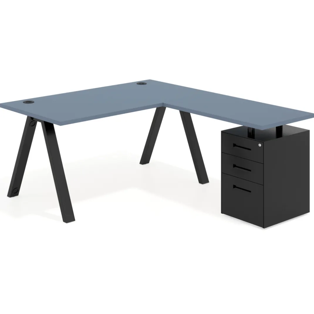 Mesa de escritorio en L con cajones UvePro, estructura negra, ala pedestal metal