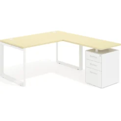 Mesa de escritorio en L con cajones Delta, estructura blanca, ala pedestal metal