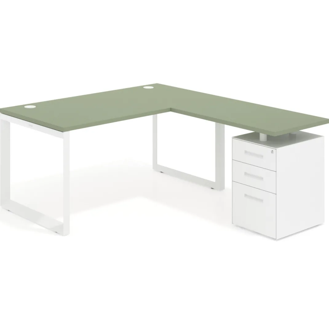 Mesa de escritorio en L con cajones Delta, estructura blanca, ala pedestal metal