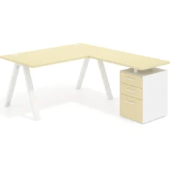 Mesa de escritorio en L con cajones UvePro, estructura blanca, ala pedestal melamina
