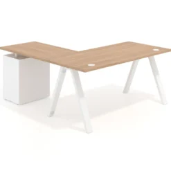 Mesa de escritorio en L con cajones UvePro, estructura blanca, ala pedestal melamina
