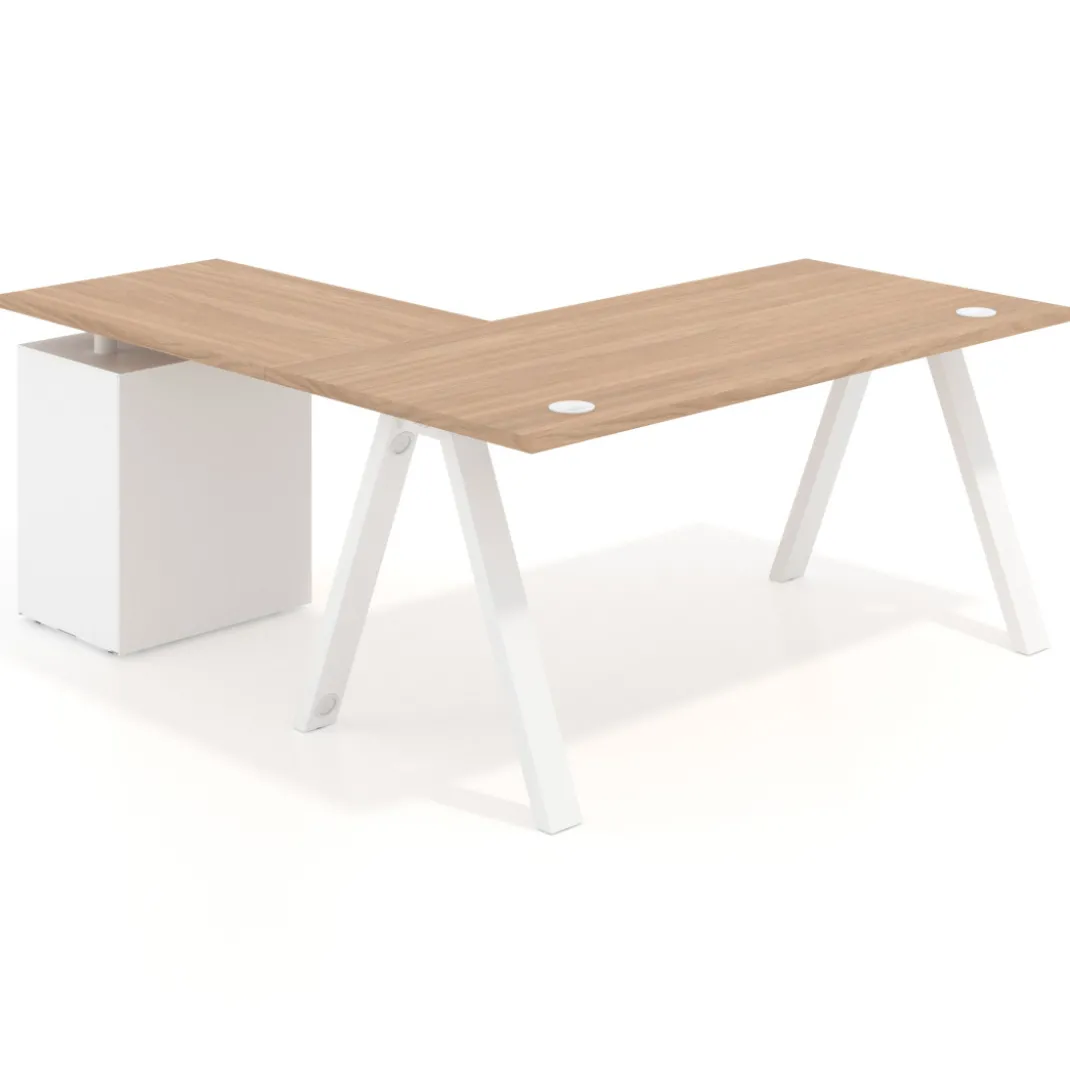 Mesa de escritorio en L con cajones UvePro, estructura blanca, ala pedestal melamina