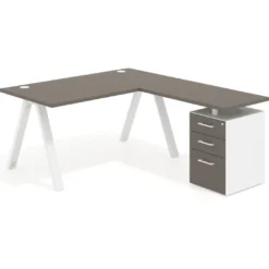 Mesa de escritorio en L con cajones UvePro, estructura blanca, ala pedestal melamina