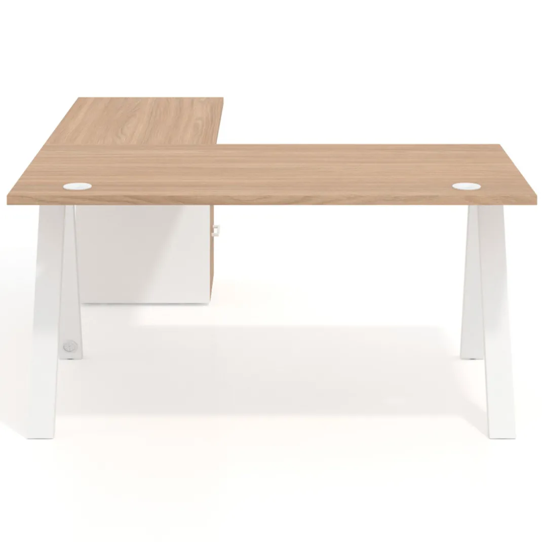 Mesa de escritorio en L con cajones UvePro, estructura blanca, ala pedestal melamina
