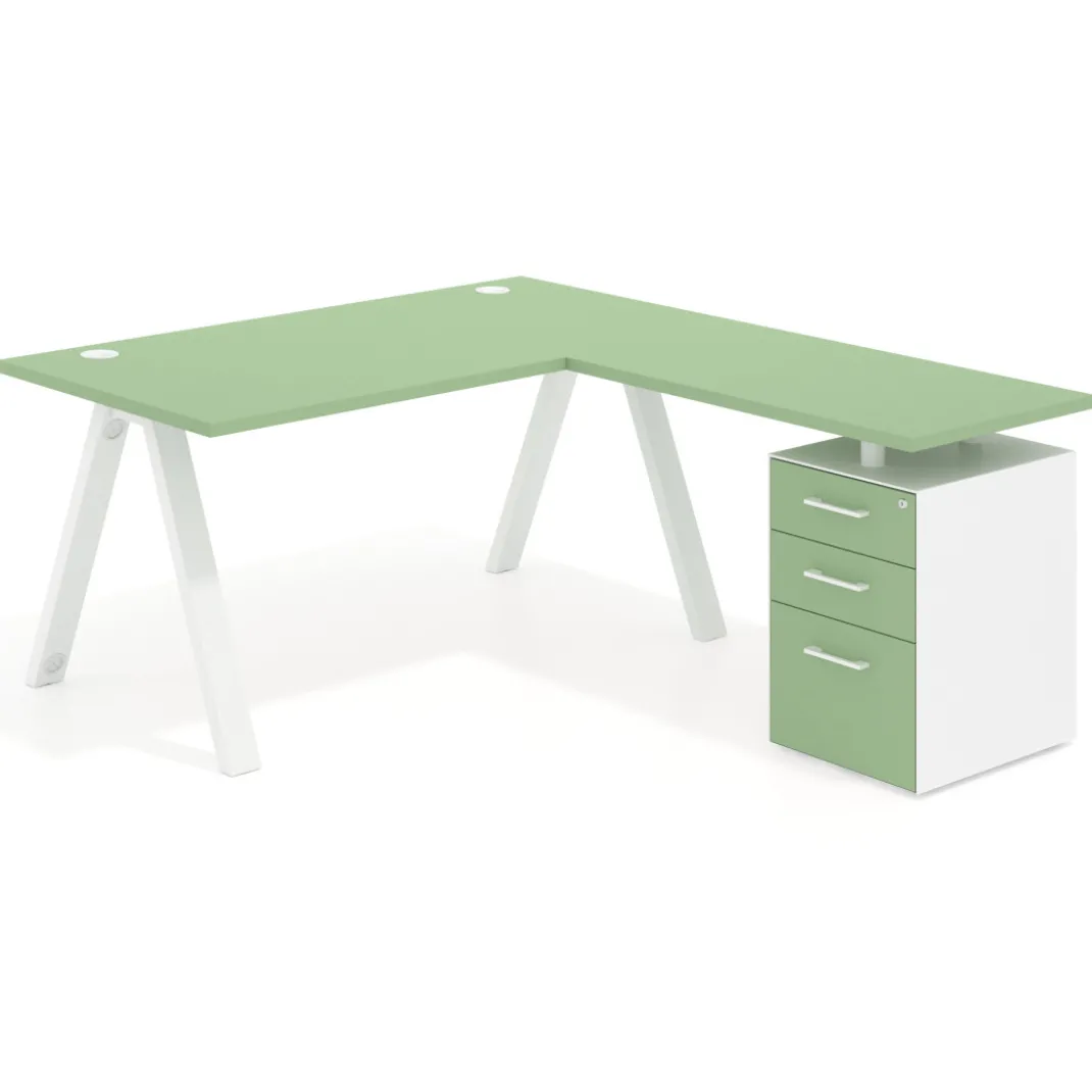 Mesa de escritorio en L con cajones UvePro, estructura blanca, ala pedestal melamina