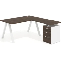 Mesa de escritorio en L con cajones UvePro, estructura blanca, ala pedestal melamina