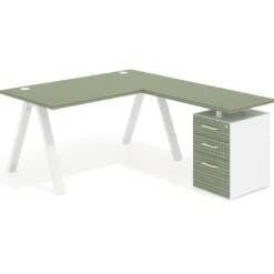 Mesa de escritorio en L con cajones UvePro, estructura blanca, ala pedestal melamina