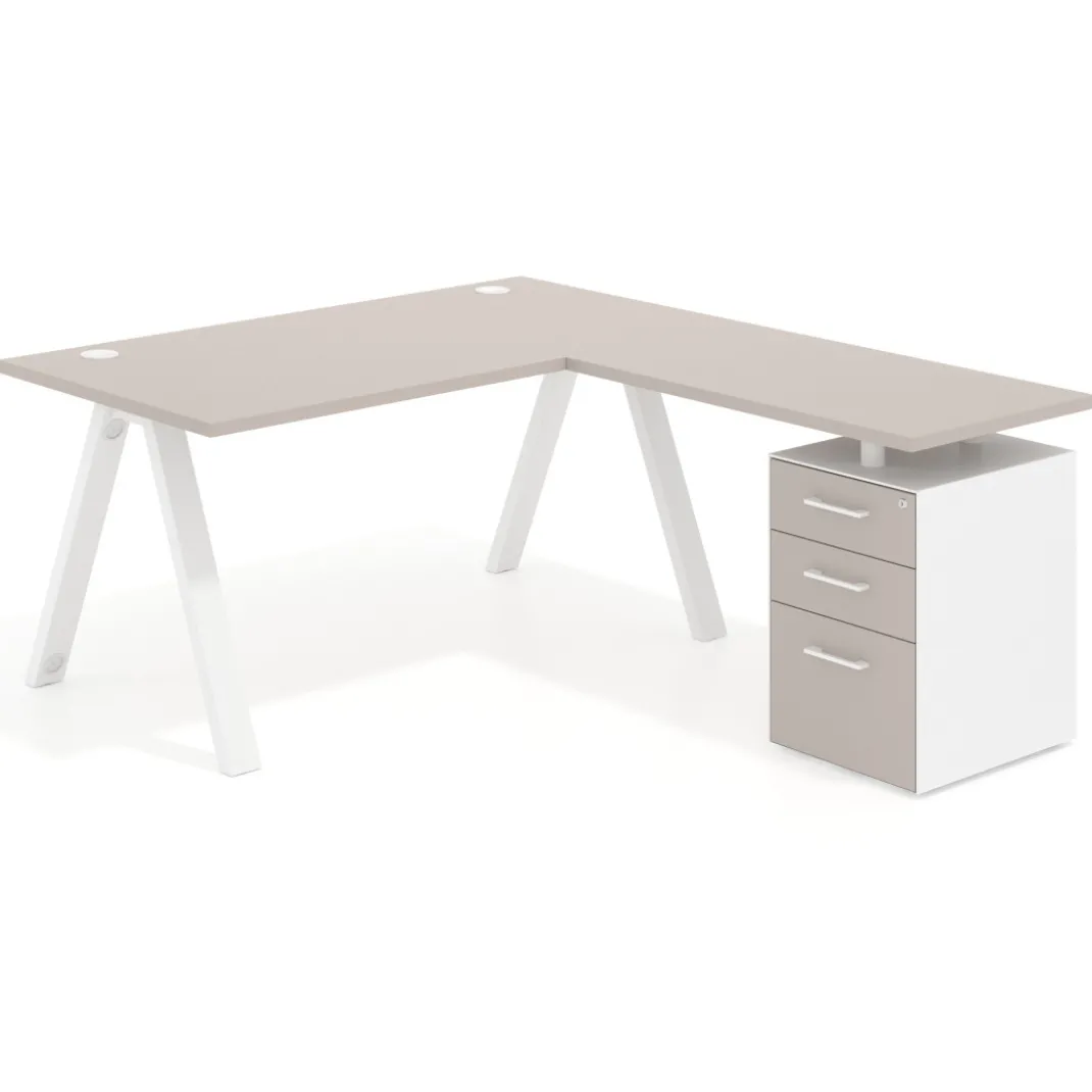 Mesa de escritorio en L con cajones UvePro, estructura blanca, ala pedestal melamina