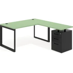 Mesa de escritorio en L con cajones Delta, estructura negra, ala pedestal metal