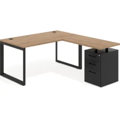 Mesa de escritorio en L con cajones Delta, estructura negra, ala pedestal metal