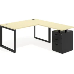 Mesa de escritorio en L con cajones Delta, estructura negra, ala pedestal metal