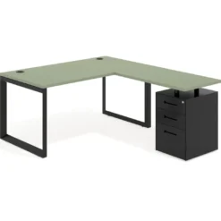 Mesa de escritorio en L con cajones Delta, estructura negra, ala pedestal metal