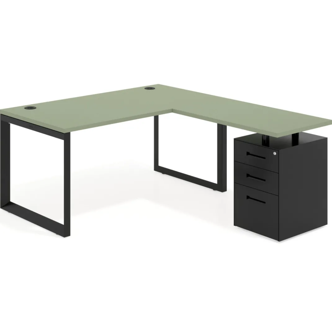 Mesa de escritorio en L con cajones Delta, estructura negra, ala pedestal metal