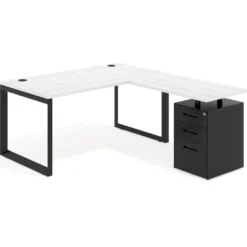Mesa de escritorio en L con cajones Delta, estructura negra, ala pedestal metal