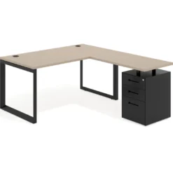 Mesa de escritorio en L con cajones Delta, estructura negra, ala pedestal metal