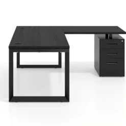 Mesa de escritorio en L con cajones Delta, estructura negra, ala pedestal metal