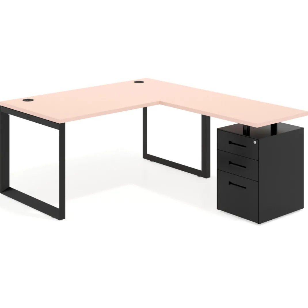 Mesa de escritorio en L con cajones Delta, estructura negra, ala pedestal metal