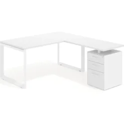 Mesa de escritorio en L con cajones Delta, estructura blanca, ala pedestal melamina