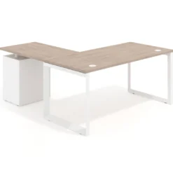 Mesa de escritorio en L con cajones Delta, estructura blanca, ala pedestal melamina
